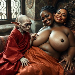 In a medieval bedroom, two figures are lying on a richly adorned bed