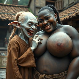 In a medieval village setting, a tiny, elderly female goblin is depicted, characterized as an albino with very pale skin, appearing malnourished with rotten teeth, dressed in a long, fully closed Buddhist robe