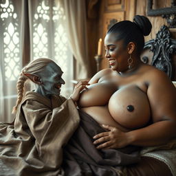 In a mesmerizing medieval bedroom, two women are comfortably lying on a beautifully crafted bed