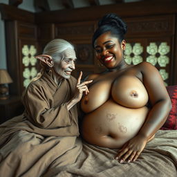 In a mesmerizing medieval bedroom, two women are comfortably lying on a beautifully crafted bed