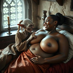 In a mesmerizing medieval bedroom, two women are comfortably lying on a beautifully crafted bed