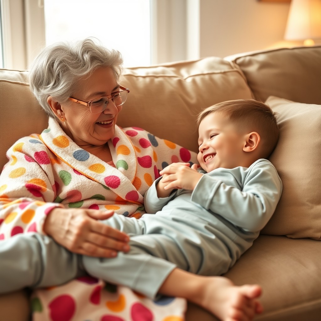 A heartwarming scene of a loving grandmother and her grandson bonding at home