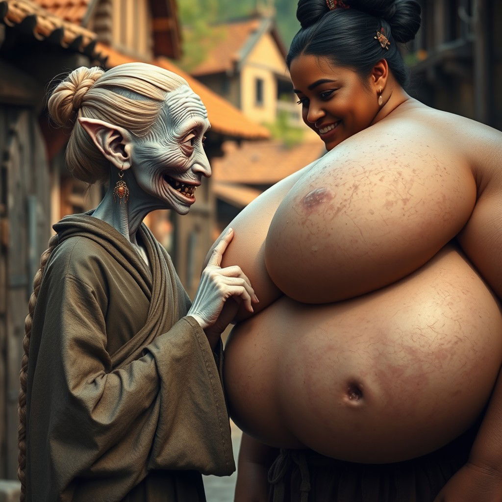 In a vibrant medieval village, a small scene unfolds featuring two women