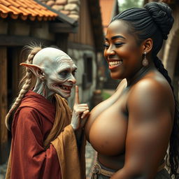 In a vibrant medieval village, a small scene unfolds featuring two women