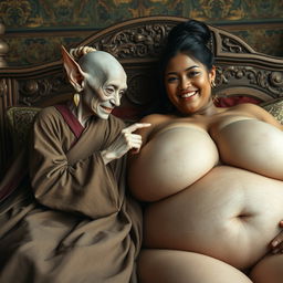 In a richly detailed medieval bedroom, two women are reclining on an elaborately decorated bed