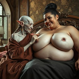 In a richly detailed medieval bedroom, two women are reclining on an elaborately decorated bed