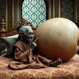 In a richly adorned medieval bedroom, a tiny elderly female goblin lies on an elaborately crafted bed