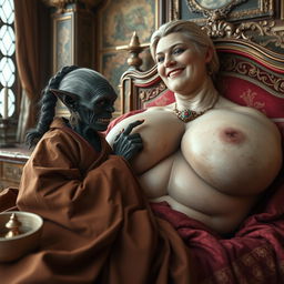 In a richly adorned medieval bedroom, a tiny elderly female goblin lies on an elaborately crafted bed