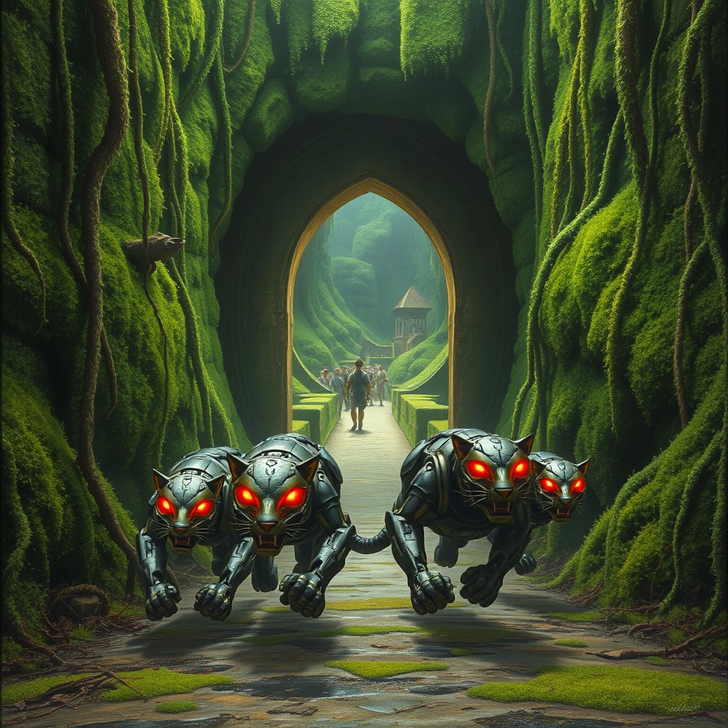 A captivating book cover featuring a dense labyrinth covered in lush moss and creeping vines