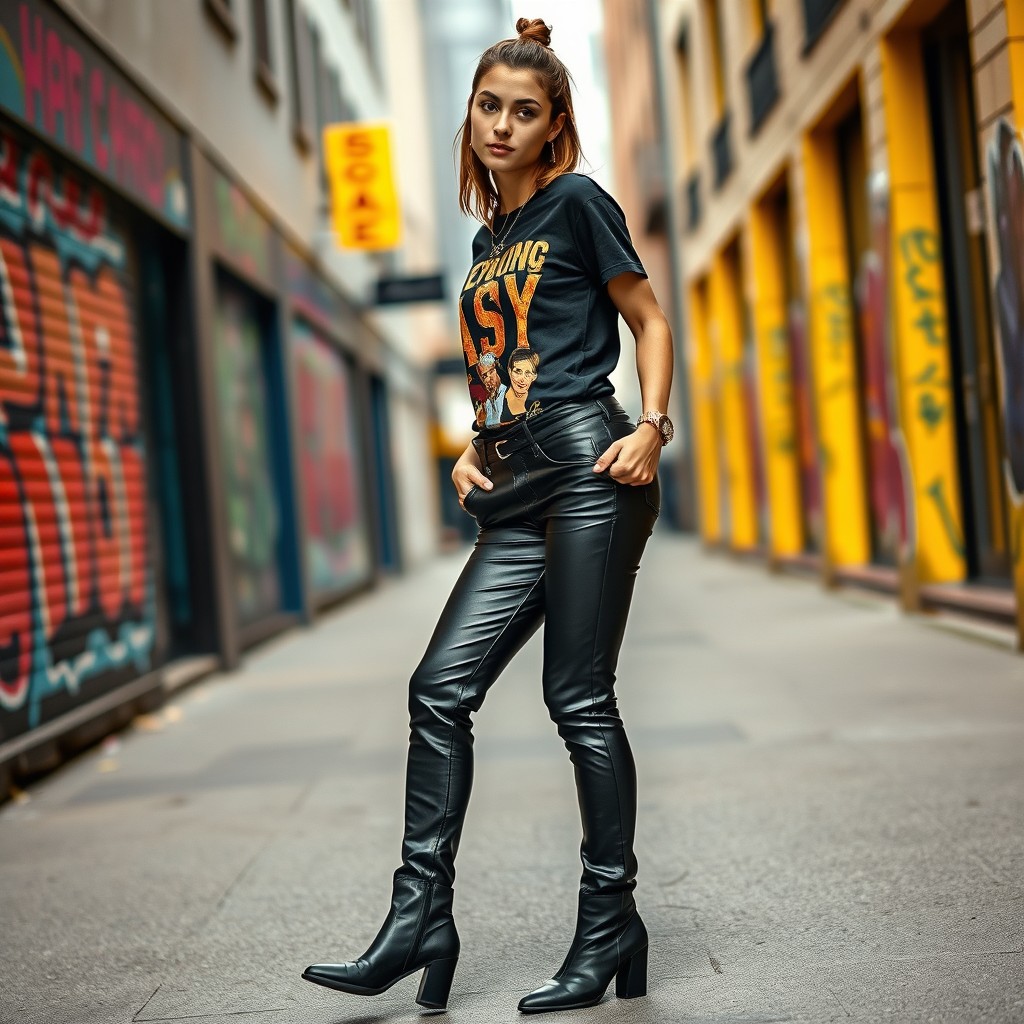 A fashionable young adult wearing sleek black leather pants, paired with a stylish graphic tee and matching ankle boots