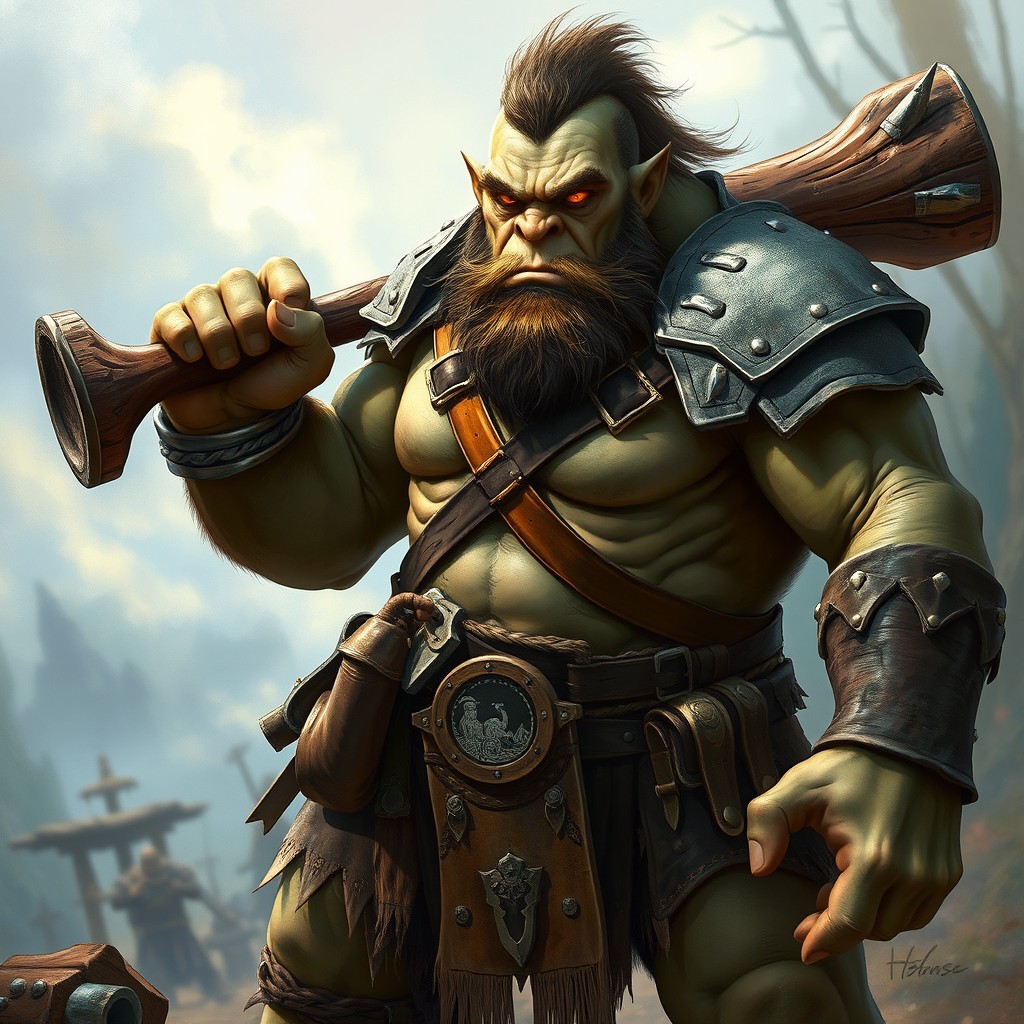A strong ogre warrior with human-like skin, wielding a massive wooden club