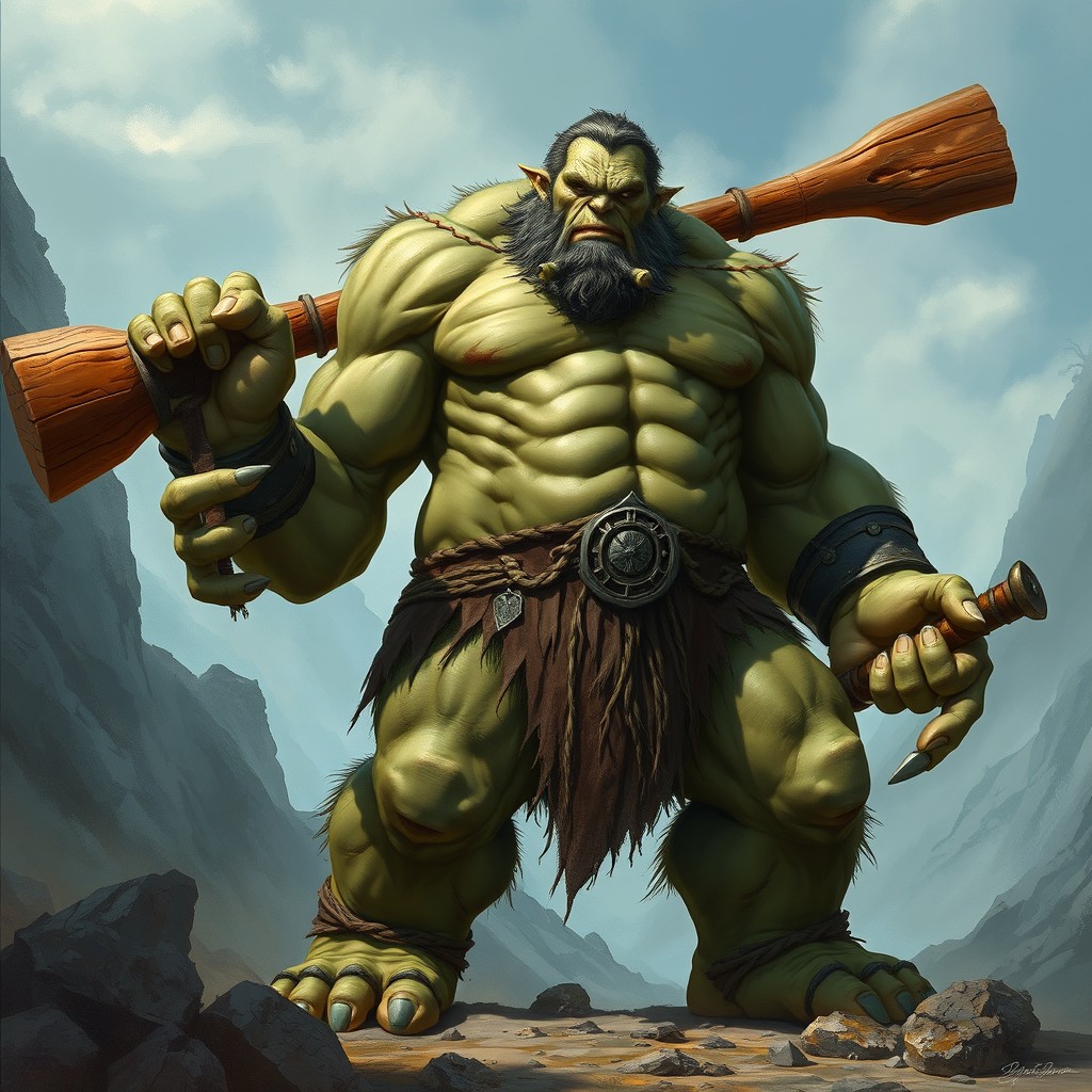 An imposing ogre with human-like skin, towering over its surroundings, wielding a gigantic wooden club