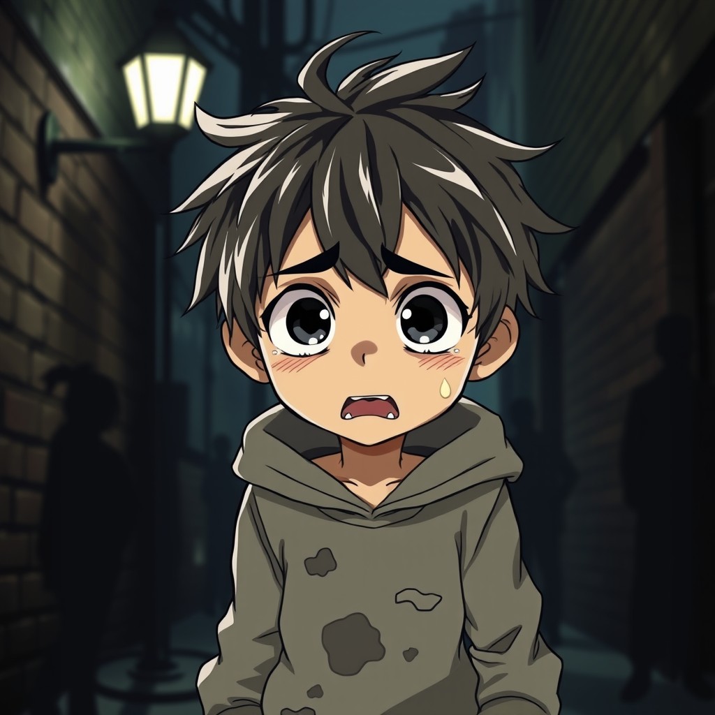A scared anime boy with big, expressive eyes wide open in fear, short messy hair blowing in the wind