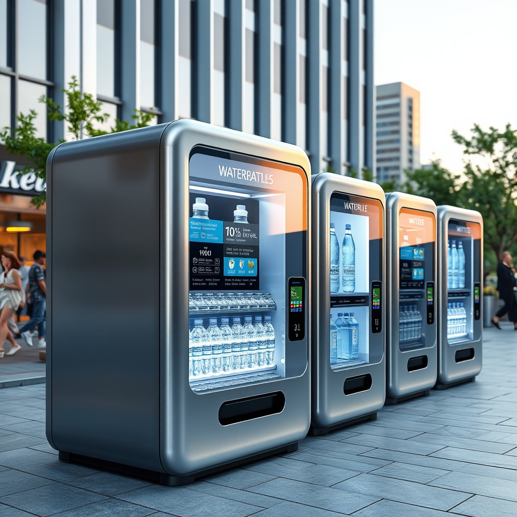 A collection of modern and high-tech water vending machines designed for both 500ml and 1L bottles, set in a sleek urban environment