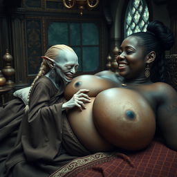 Lying on a medieval bed in an intricately decorated medieval room, a tiny, emaciated albino female goblin with very pale skin and rotten teeth is dressed in a long, fully closed Buddhist cloak