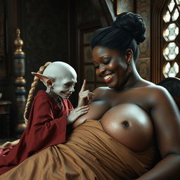 Lying on a medieval bed in an intricately decorated medieval room, a tiny, emaciated albino female goblin with very pale skin and rotten teeth is dressed in a long, fully closed Buddhist cloak