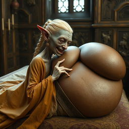 Lying on a medieval bed in an intricately decorated medieval room, a tiny, emaciated albino female goblin with very pale skin and rotten teeth is dressed in a long, fully closed Buddhist cloak