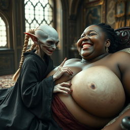 Lying on a medieval bed in an intricately decorated medieval room, a tiny, emaciated albino female goblin with very pale skin and rotten teeth is dressed in a long, fully closed Buddhist cloak