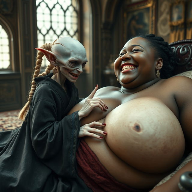 Lying on a medieval bed in an intricately decorated medieval room, a tiny, emaciated albino female goblin with very pale skin and rotten teeth is dressed in a long, fully closed Buddhist cloak