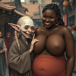In a bustling medieval village, an old female goblin is illustrated with a small stature, albino skin, and a malnourished appearance, showcasing her decayed teeth