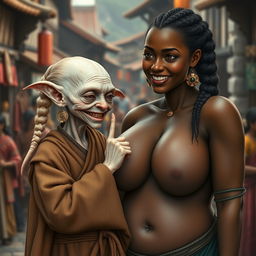 In a bustling medieval village, an old female goblin is illustrated with a small stature, albino skin, and a malnourished appearance, showcasing her decayed teeth