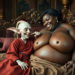 In an opulent medieval noble's chamber, a small, elderly albino female goblin is depicted lying on a lavish bed