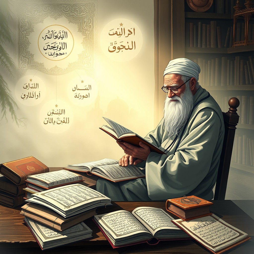 An intellectual and contemplative scene representing the theological and moral character values found in the Quranic Surah Yusuf as interpreted by Haji Abdul Karim Abdul Malik Amrullah (HAMKA) in his Tafsir Al-Azhar