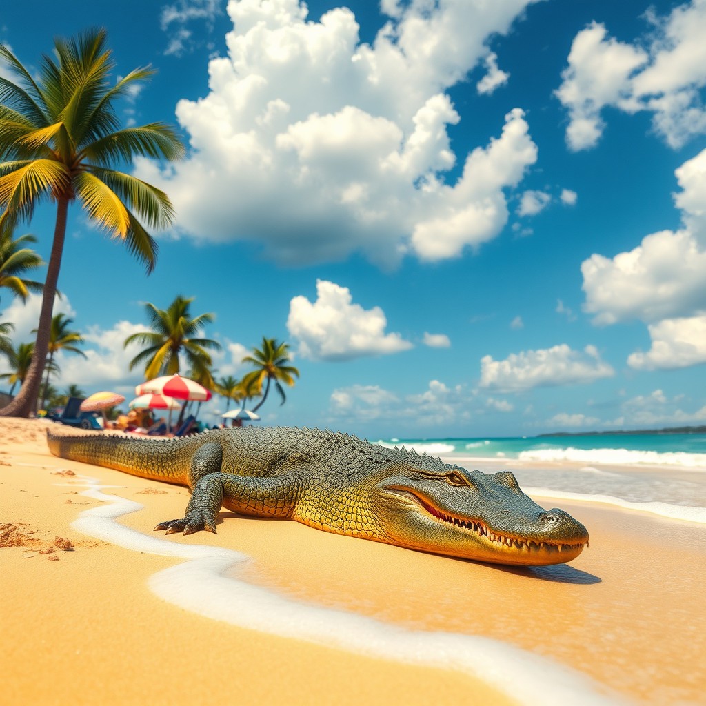 A vibrant scene depicting an alligator lounging on a sunny beach, surrounded by golden sand and gentle waves lapping at the shore