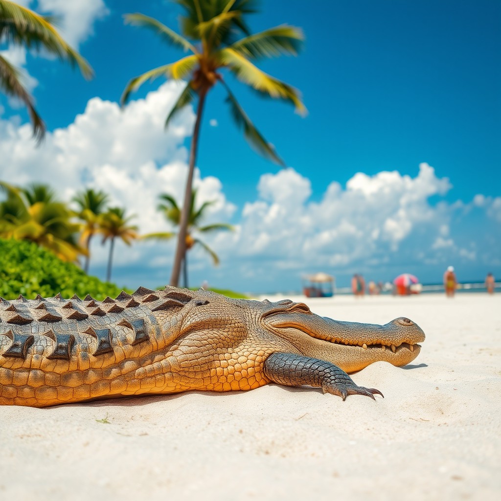 A large alligator lounging on a sunny beach near MacDill Air Force Base