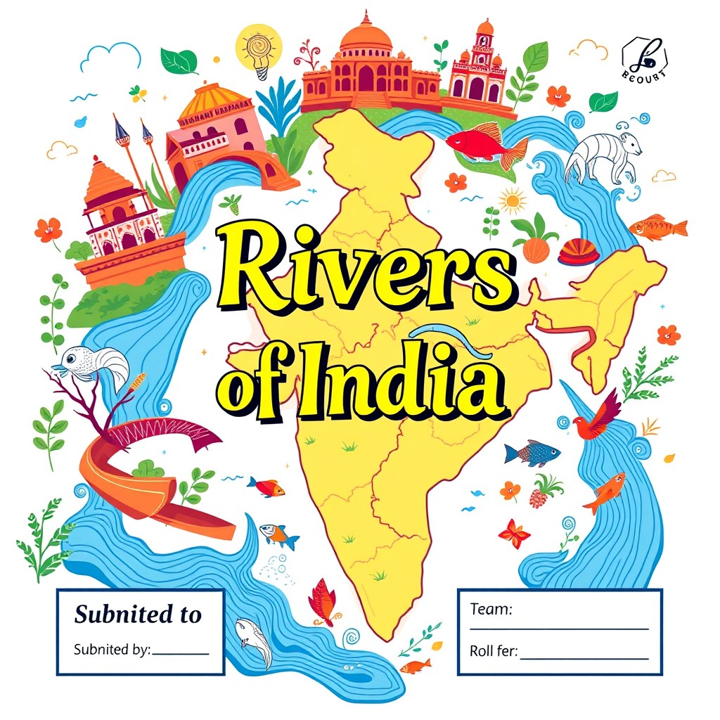A vibrant and colourful cover page design titled 'Rivers of India'