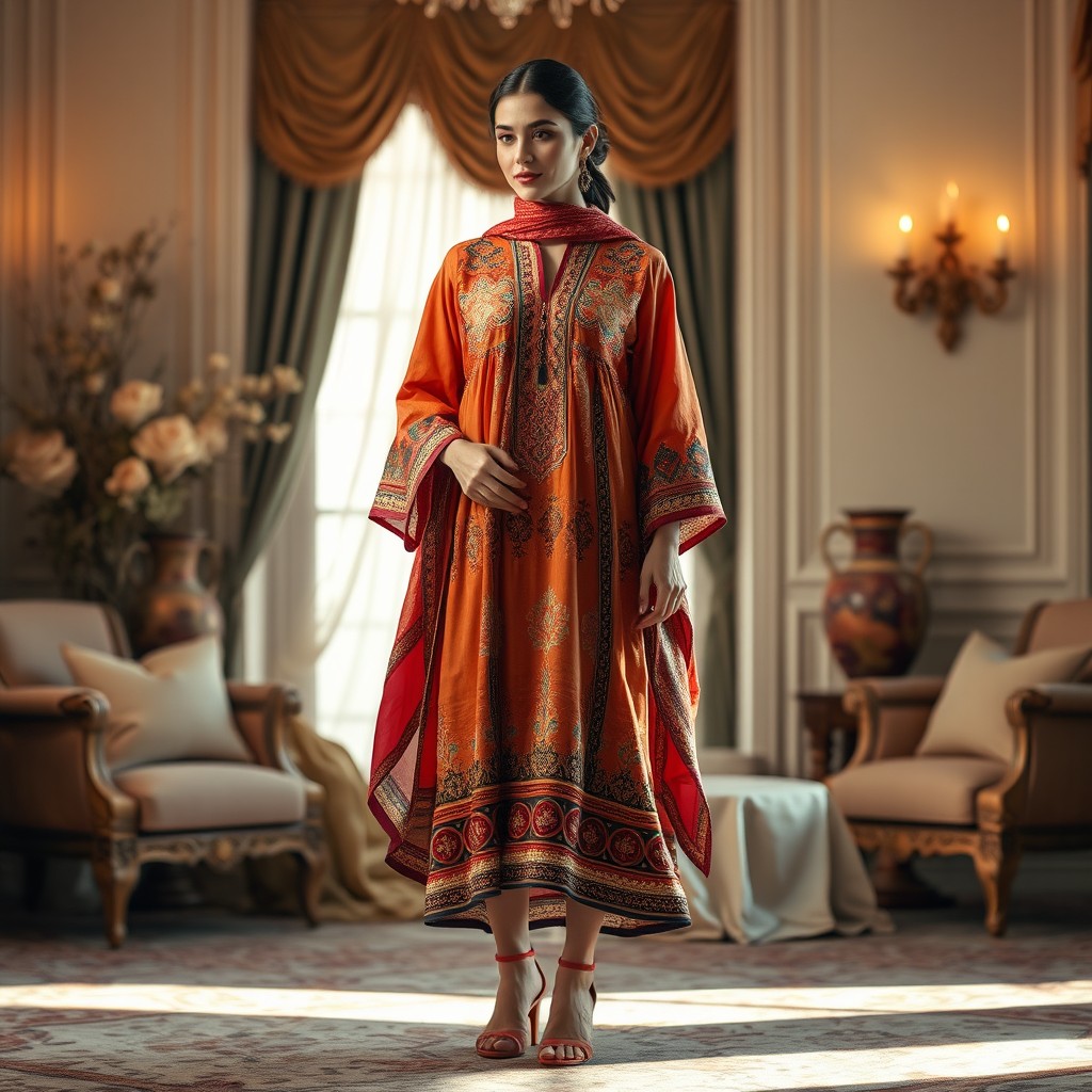 A stunning Hazargi dress for women, showcasing intricate patterns and vibrant colors