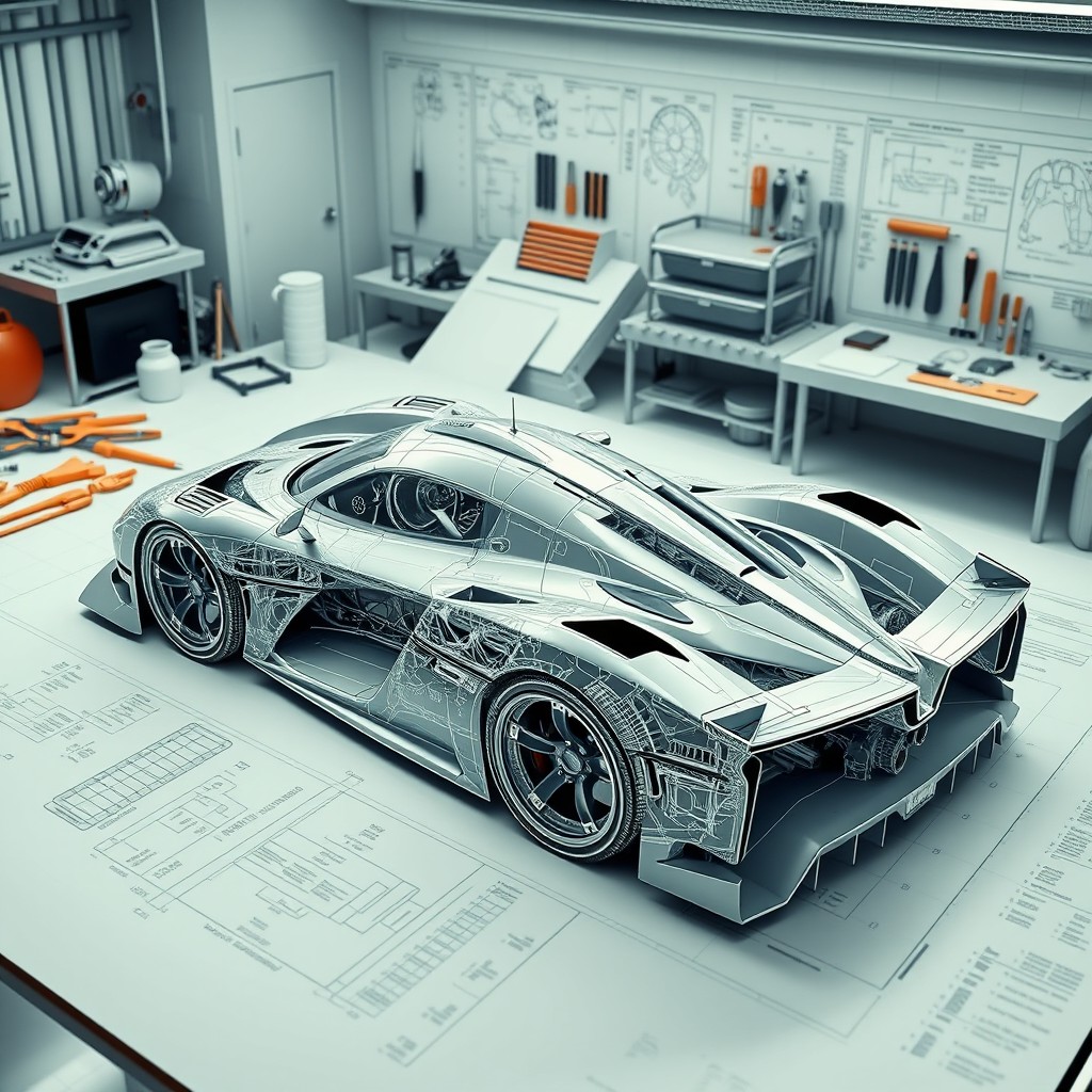 A detailed and high-resolution blueprint of a Le Mans Hypercar showcasing intricate automotive engineering features