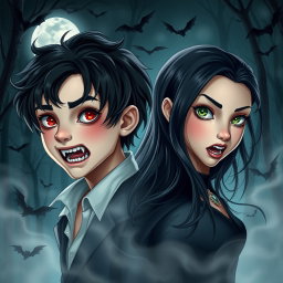 A boy and a girl transforming into vampires, showing a dramatic and mystical transformation scene
