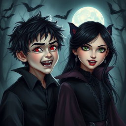 A boy and a girl transforming into vampires, showing a dramatic and mystical transformation scene