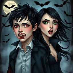 A boy and a girl transforming into vampires, showing a dramatic and mystical transformation scene