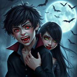 A boy and a girl transforming into vampires, showing a dramatic and mystical transformation scene