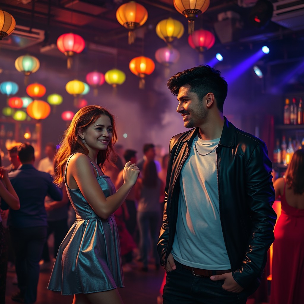 In an elite nightclub in Sicily, a cinematic scene unfolds with a couple at the center: a cheerful red-haired girl in a short silver dress dancing on the left, her shy yet lively expression captivating