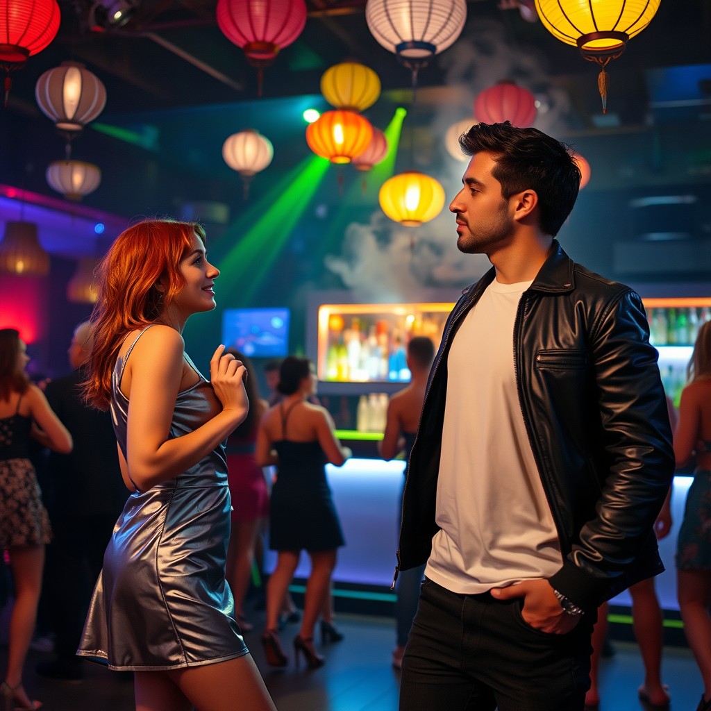 In an elite nightclub in Sicily, a cinematic moment captures a couple at the center: a cheerful red-haired girl in a short silver dress dancing on the left, gazing intently at a dark-haired man directly opposite her