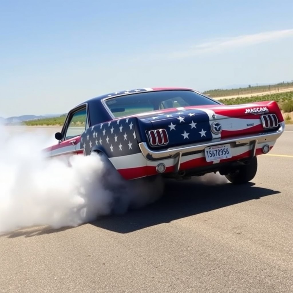 A classic 1964 Mustang muscle car, painted with a vibrant American flag design, performing an impressive burnout on a paved road