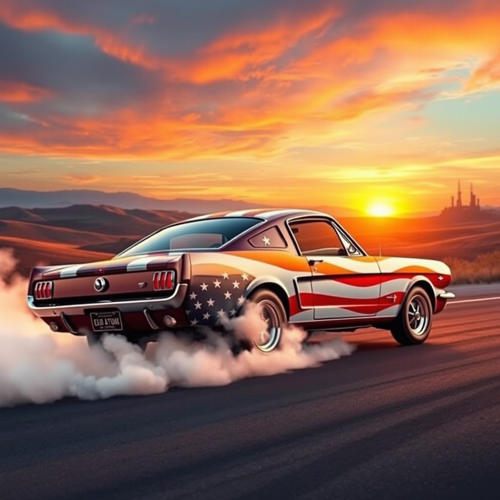 A classic 1964 Mustang muscle car, adorned with a striking American flag paint scheme, performing an exhilarating burnout