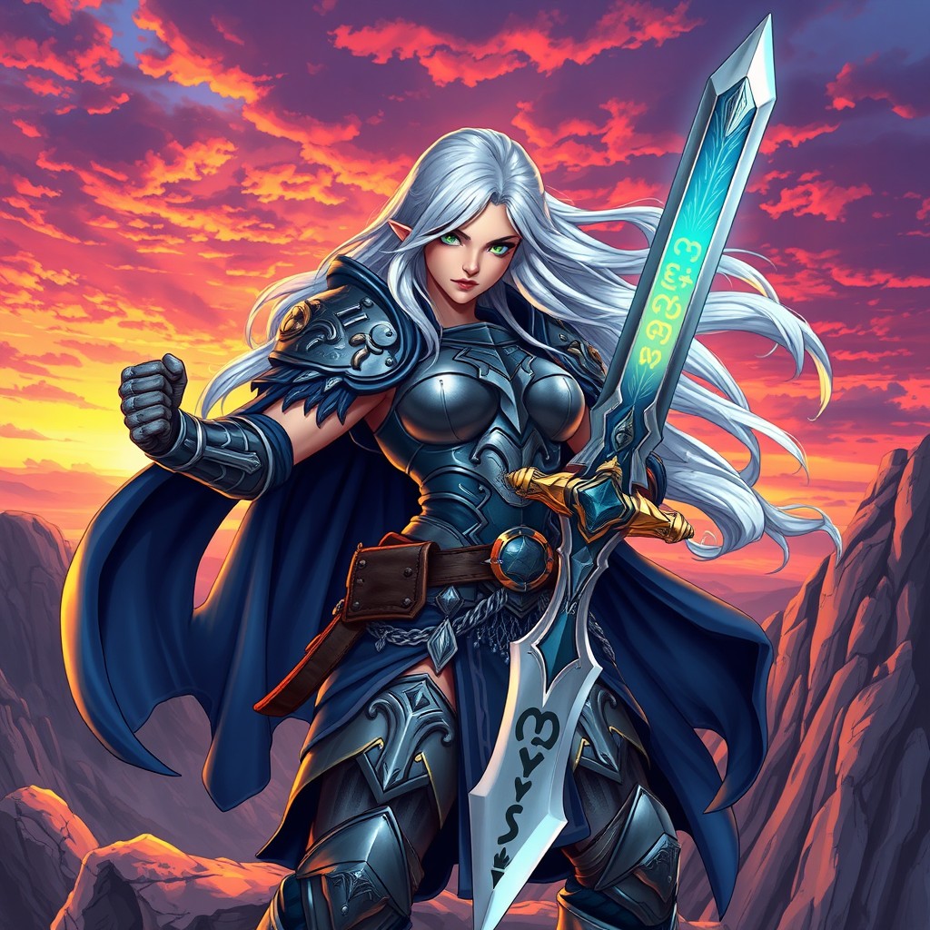 A vibrant character illustration featuring a fierce-looking warrior woman, adorned in intricate battle armor with ornate detailing