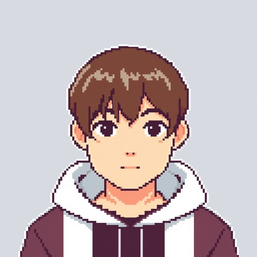 A pixelated artwork of a front-facing male figure wearing a hoodie, featuring distinct brown hair styled in a middle part