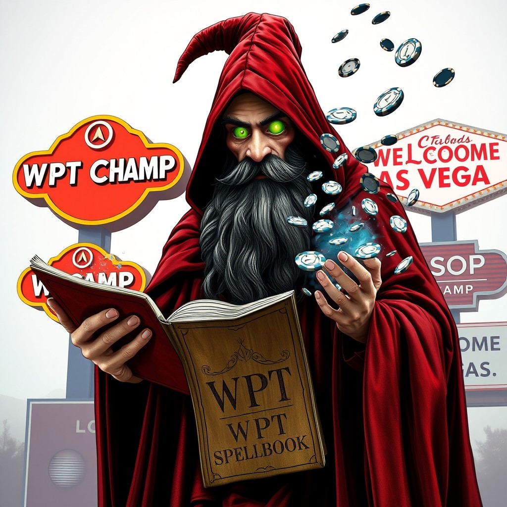 A tall, giant wizard over 7 feet tall and very slim, wearing a long, dark red nearly black robe with a rounded hood pulled over his head, revealing only his neon green large eyes