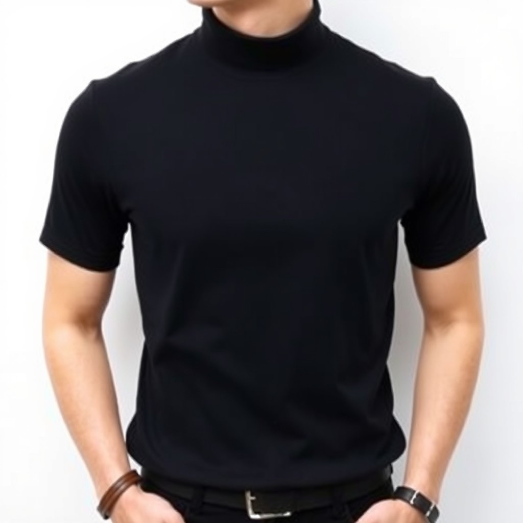 A stylish black short-sleeve t-shirt featuring a high collar, made from soft, breathable fabric