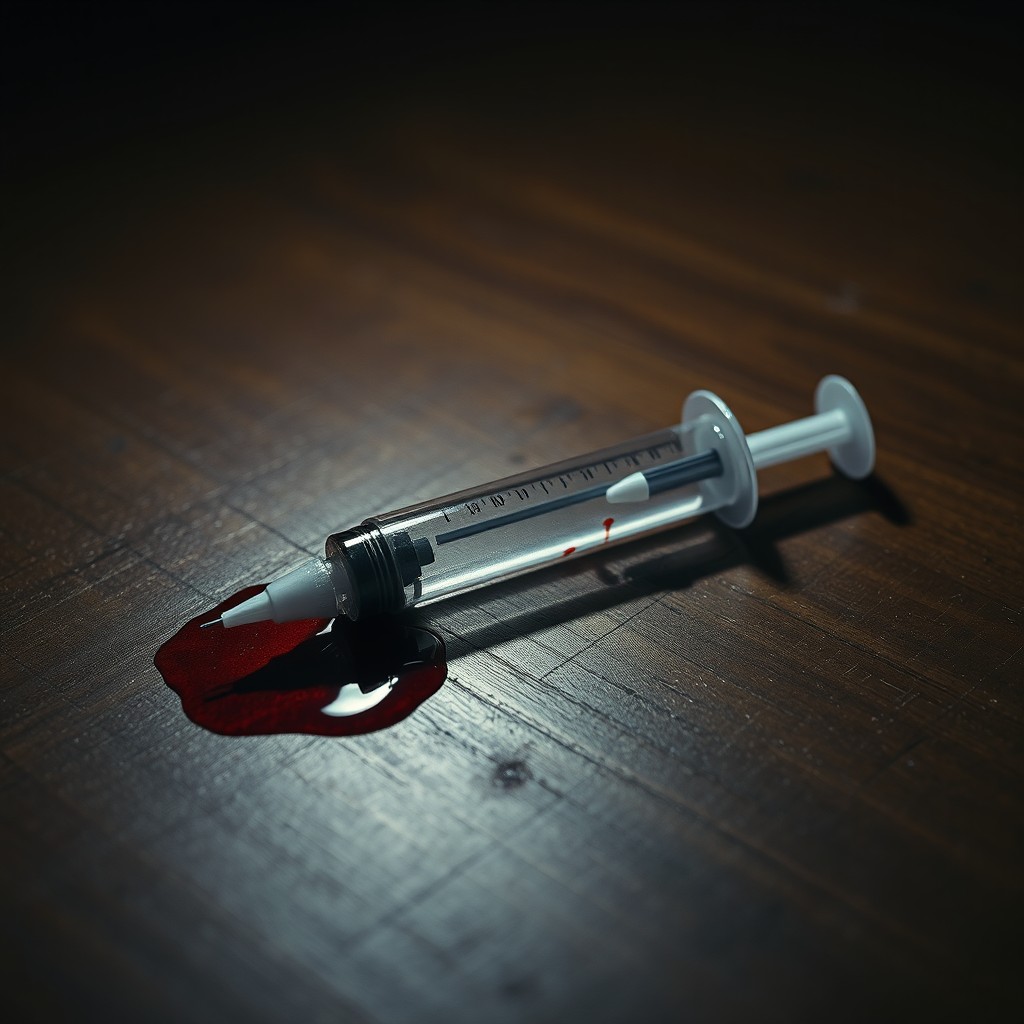 An empty, unlabeled syringe stained with a small amount of blood, placed on a wooden table
