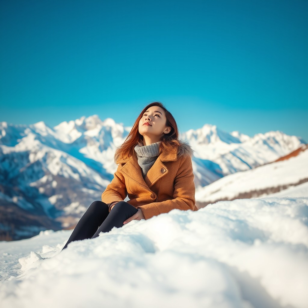A breathtaking winter landscape featuring snow-capped mountains under a clear blue sky