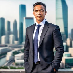 A professional and authoritative businessman wearing a well-tailored suit and tie, with a confident pose in front of a modern city skyline.