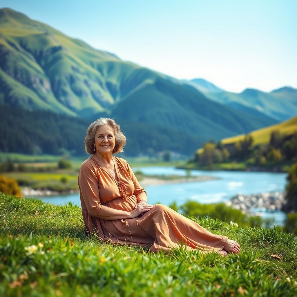 A serene and lush landscape featuring vibrant green mountains in the background, a gently flowing river reflecting the blue sky, and a mature woman sitting peacefully on the grass