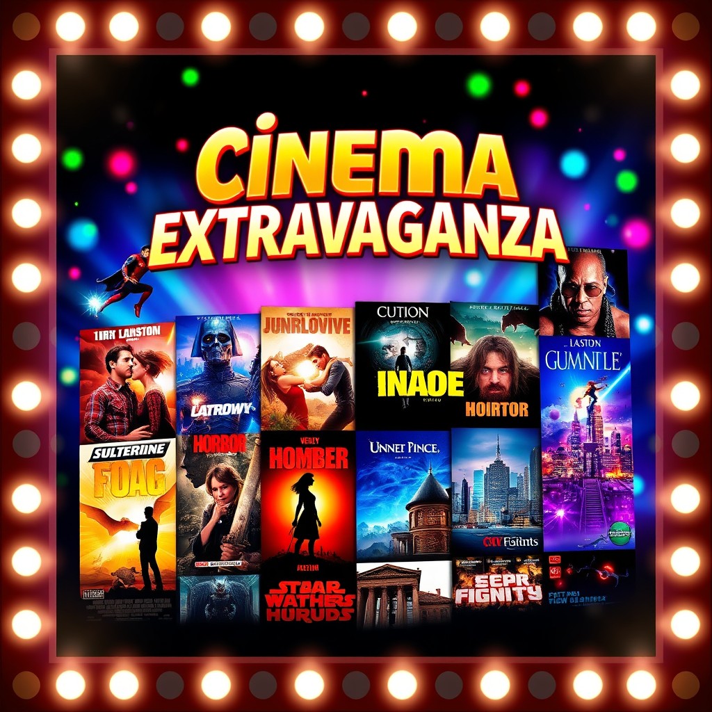 A vibrant movie poster featuring a collage of various film titles, showcasing genres like action, romance, horror, and sci-fi