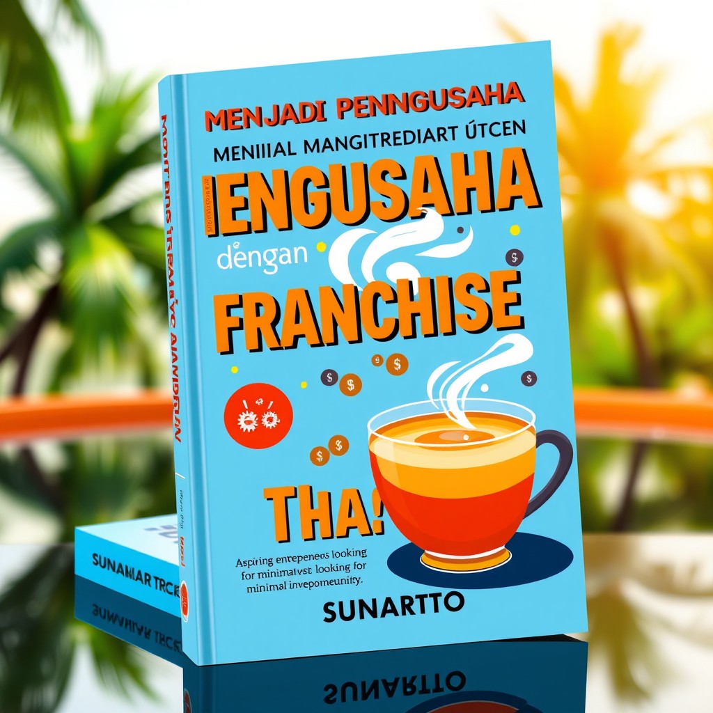 A captivating book cover design for "Menjadi Pengusaha dengan Franchise Thai Tea" featuring vibrant colors and an enticing illustration of a Thai tea cup with swirling steam